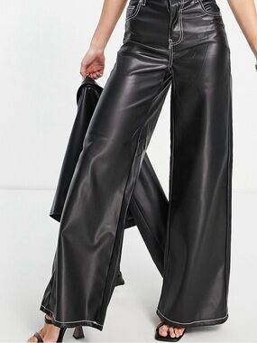 ASOS Bershka Black Wide Leg Faux Leather Pants with Contrast Stitching